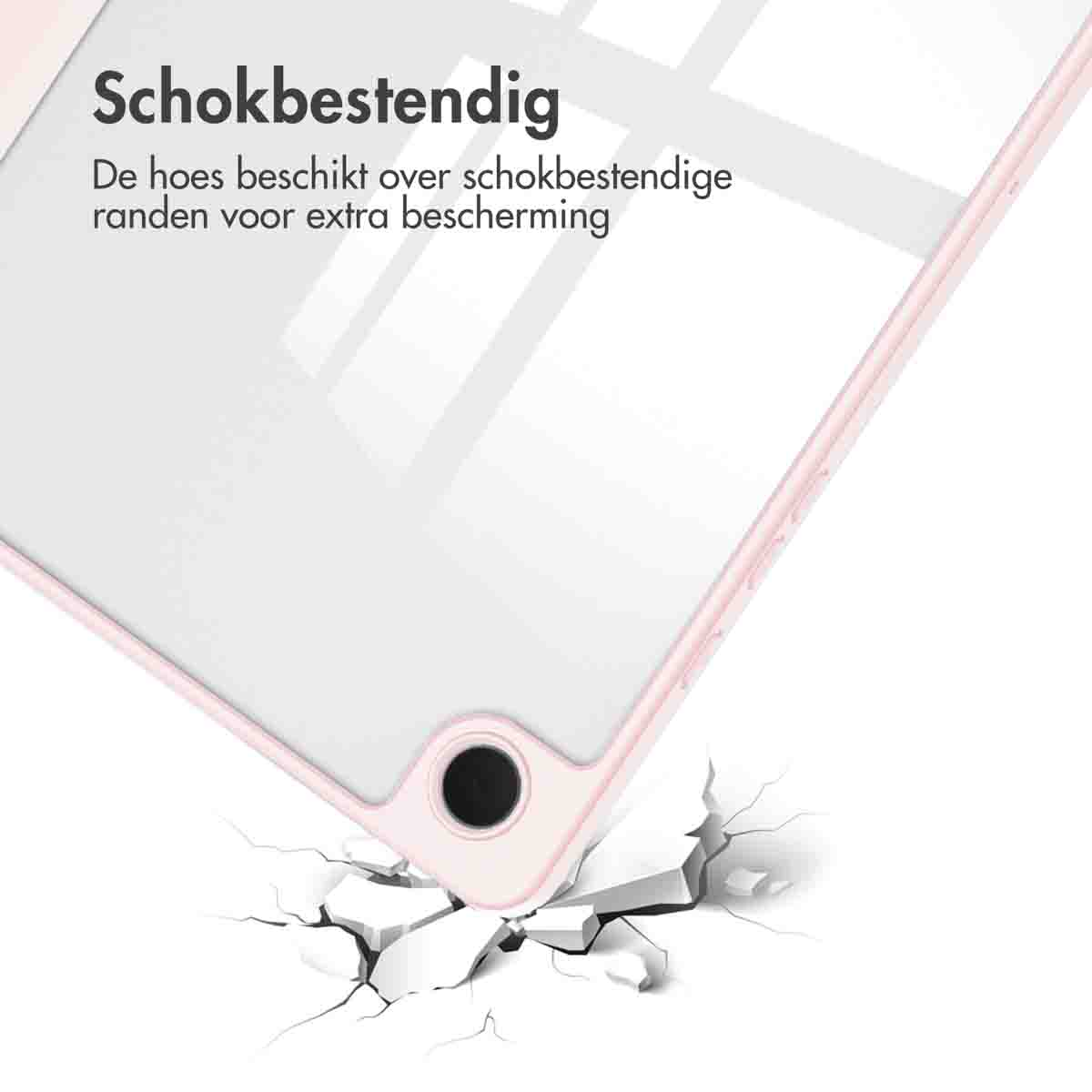 Close-up of a light pink tablet case's corner, showing a crack effect below.