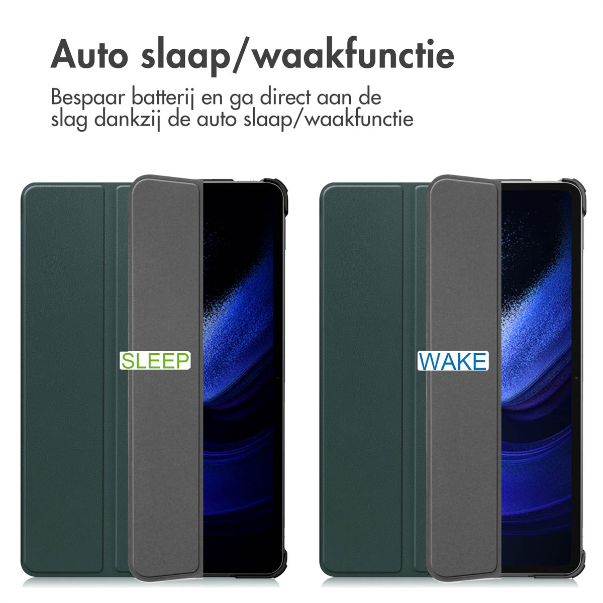 A dark green phone with cover in sleep and wake mode.