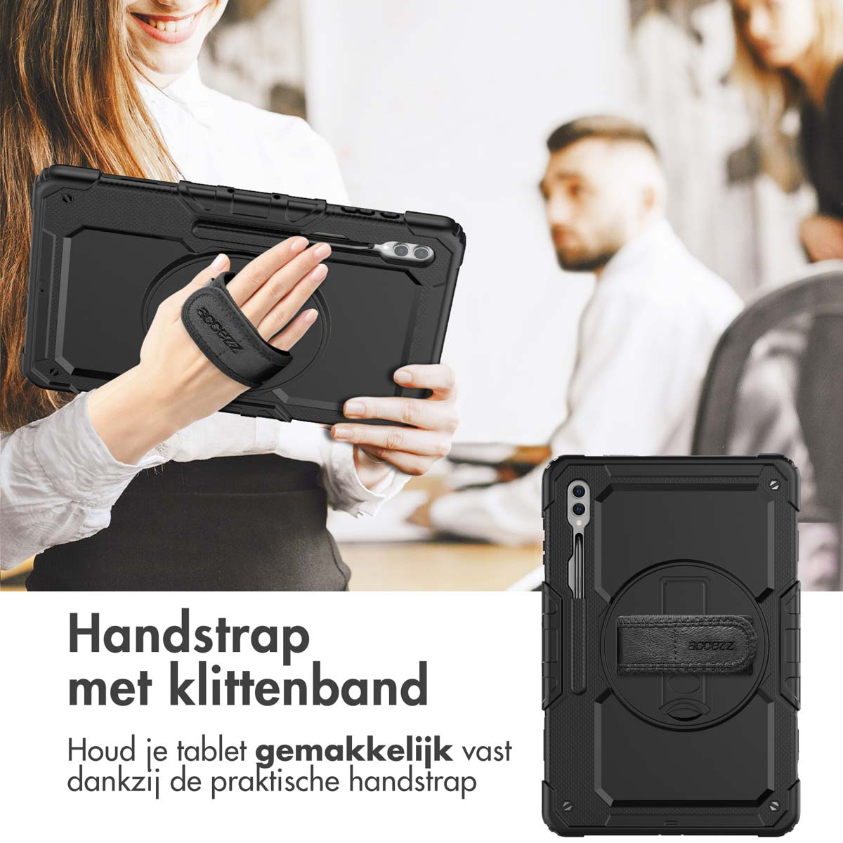 A woman holds a black tablet with a hand strap, showing a rugged protective case.