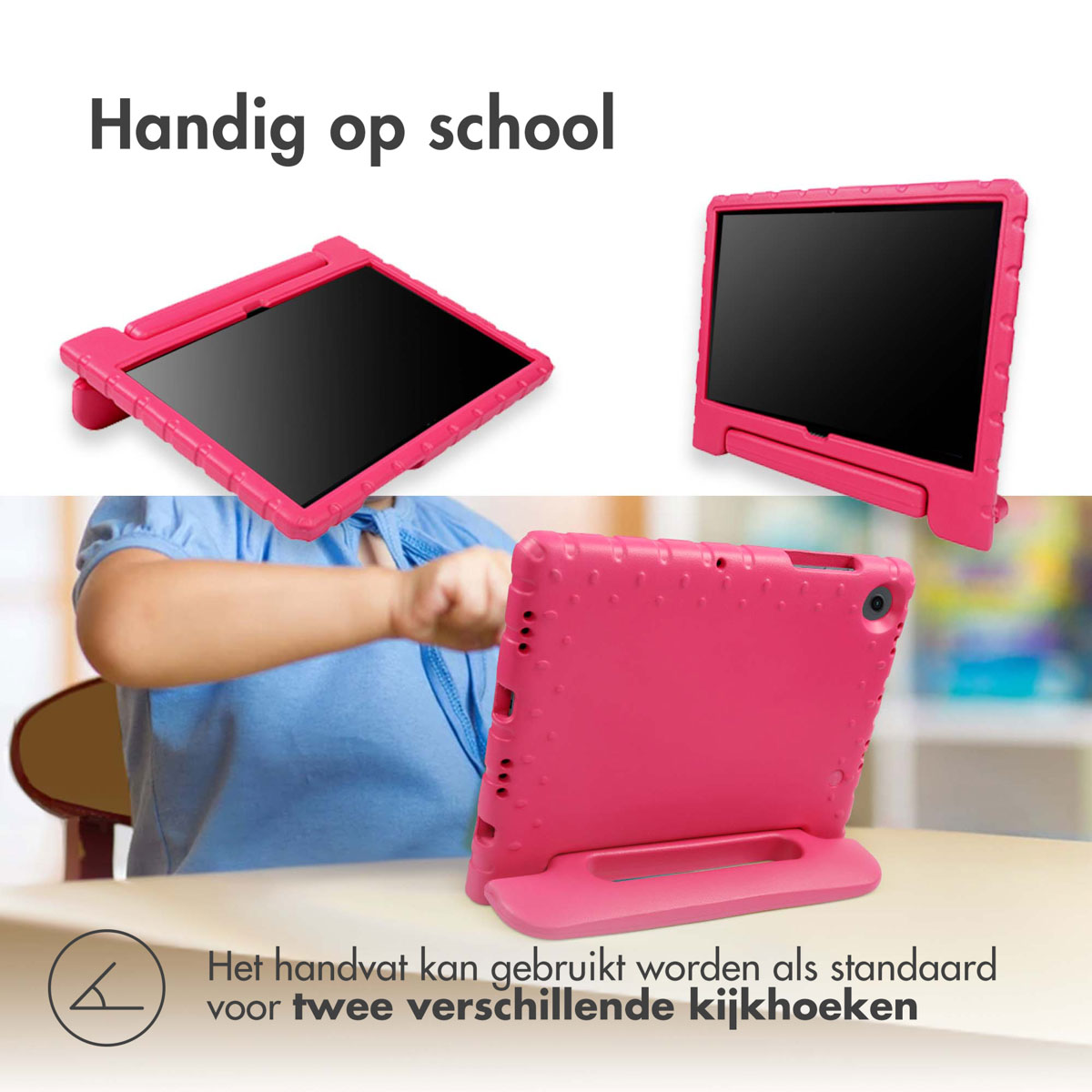 Roze tablethoes op een houten tafel, met verschillende hoeken en toepassingen gedemonstreerd.