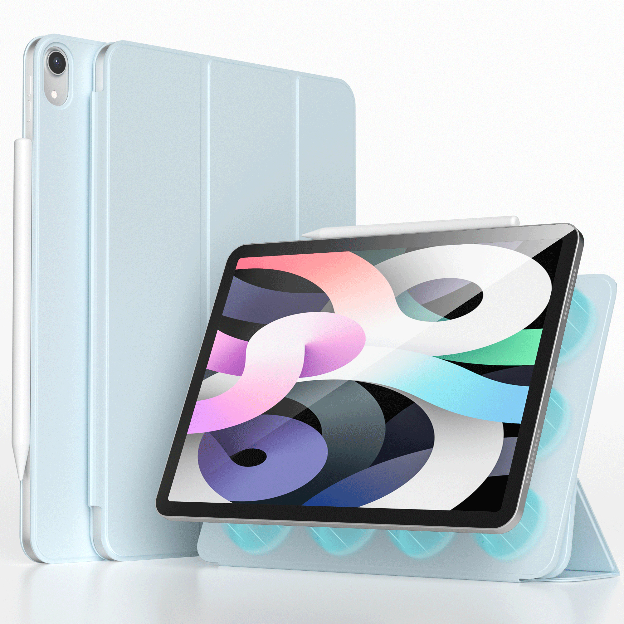 Tablet with a light blue case and a stylus, in multiple viewing angles.