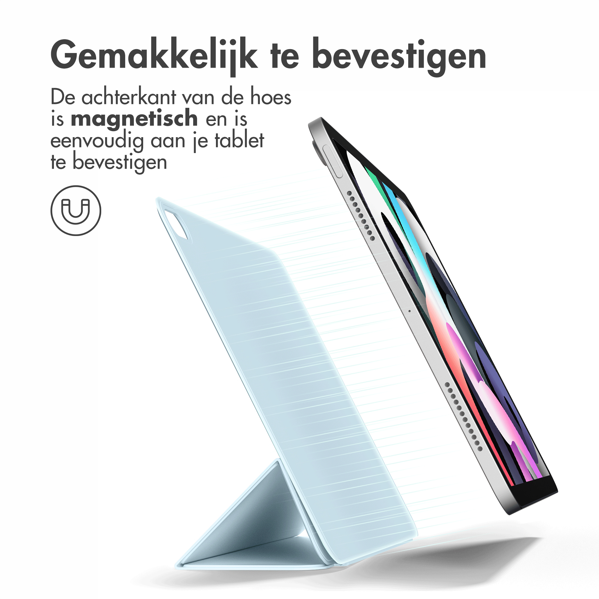 Light blue tablet case with a white stand, magnetic backing, and a tablet floating.
