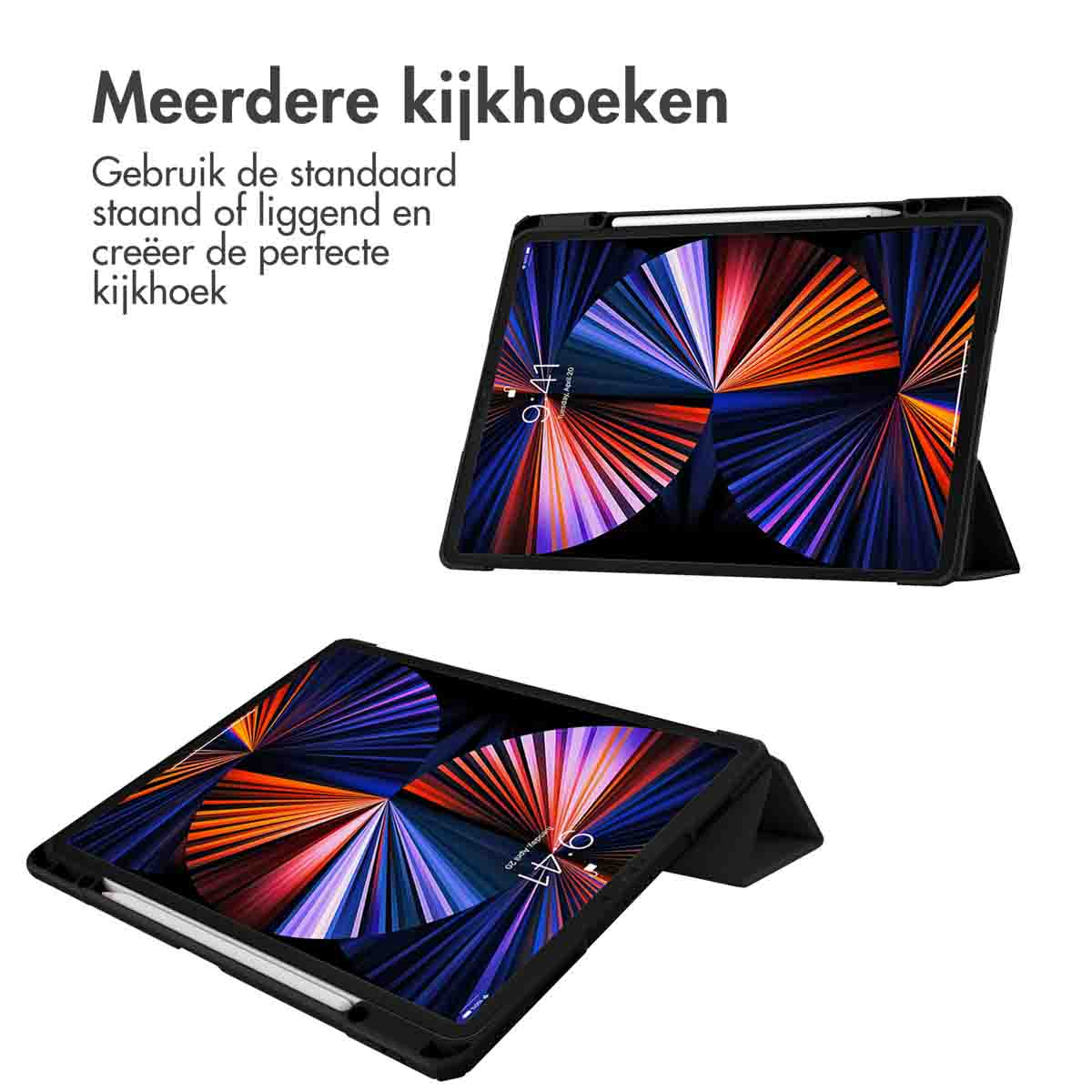 Tablets in black case, various angles. White background. Text at the top.
