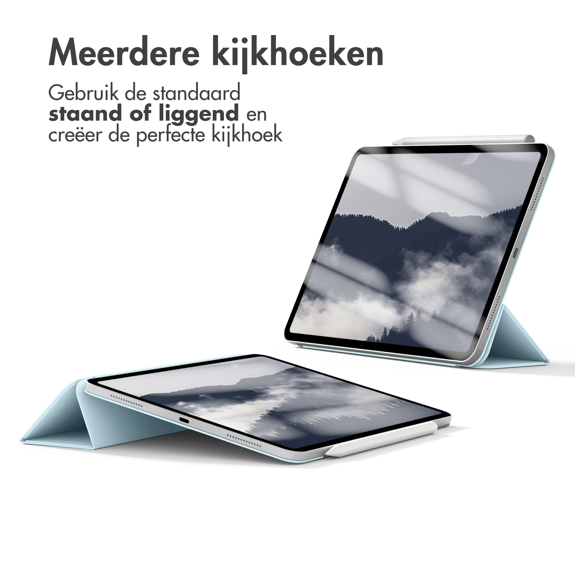 Two tablets in covers. One is propped up. Text indicates multiple viewing angles.