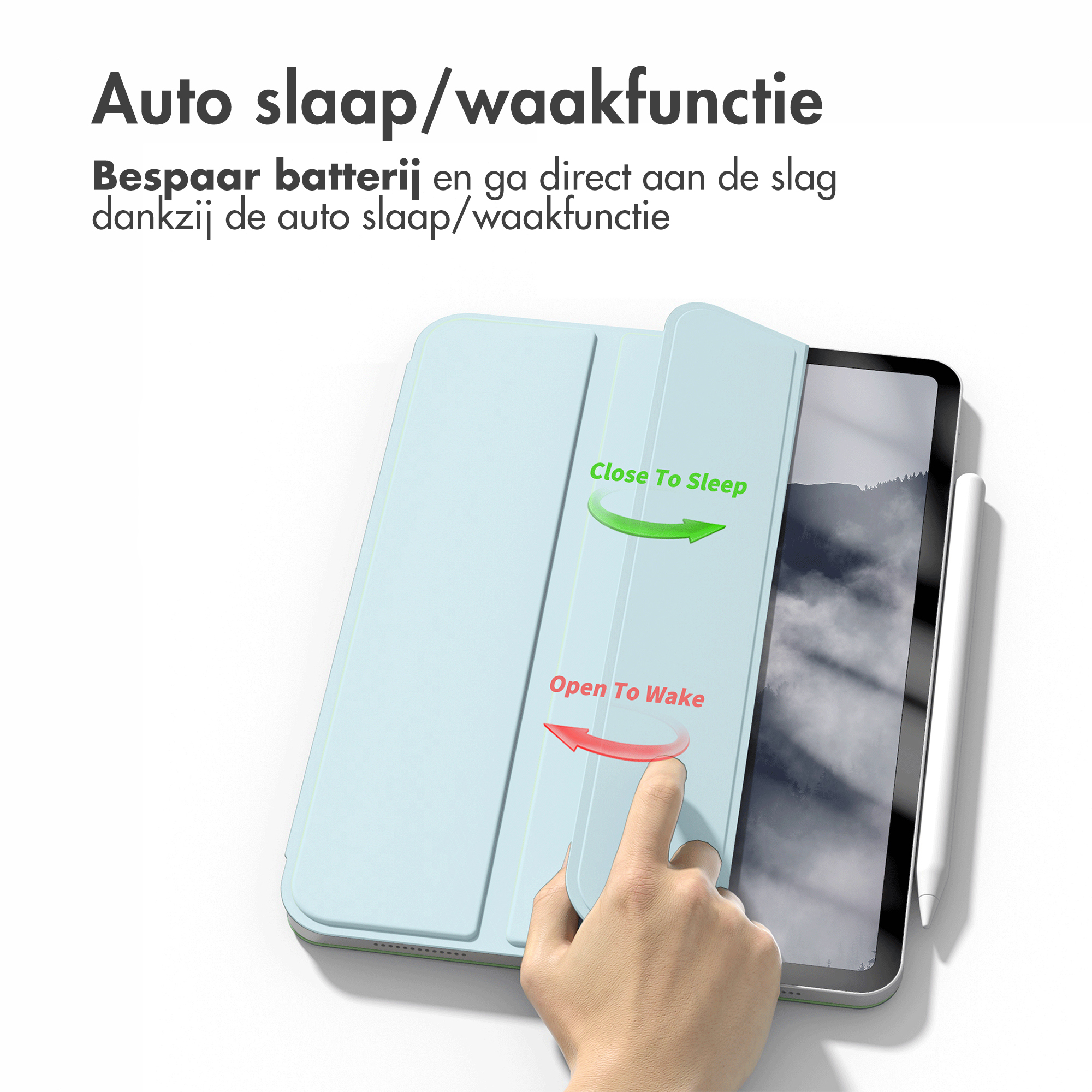 Tablet with light blue case. Arrows show open and close to sleep/wake function.