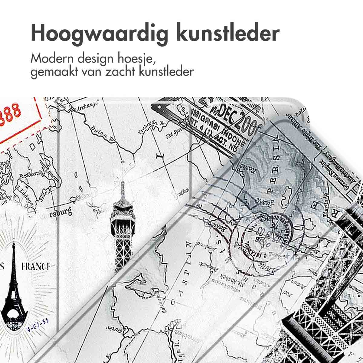 Tablet case with world map and Eiffel Tower design, open on a white surface.