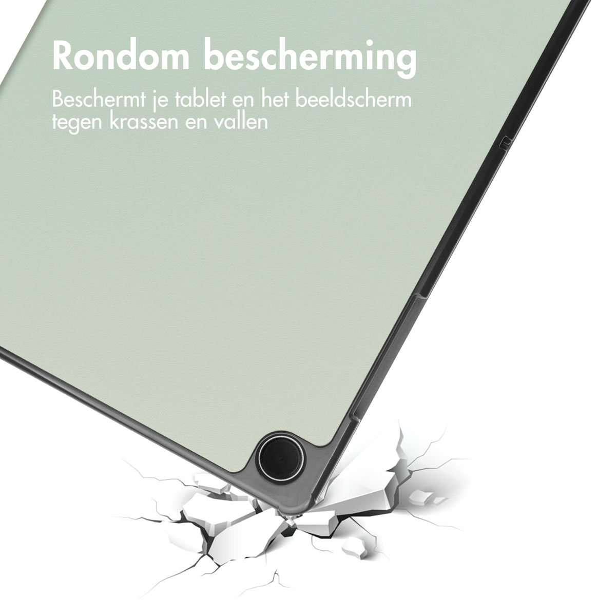 Tablethoes met groen scherm, gebarsten vloer. Tekst in het Nederlands: bescherming tegen krassen en vallen.