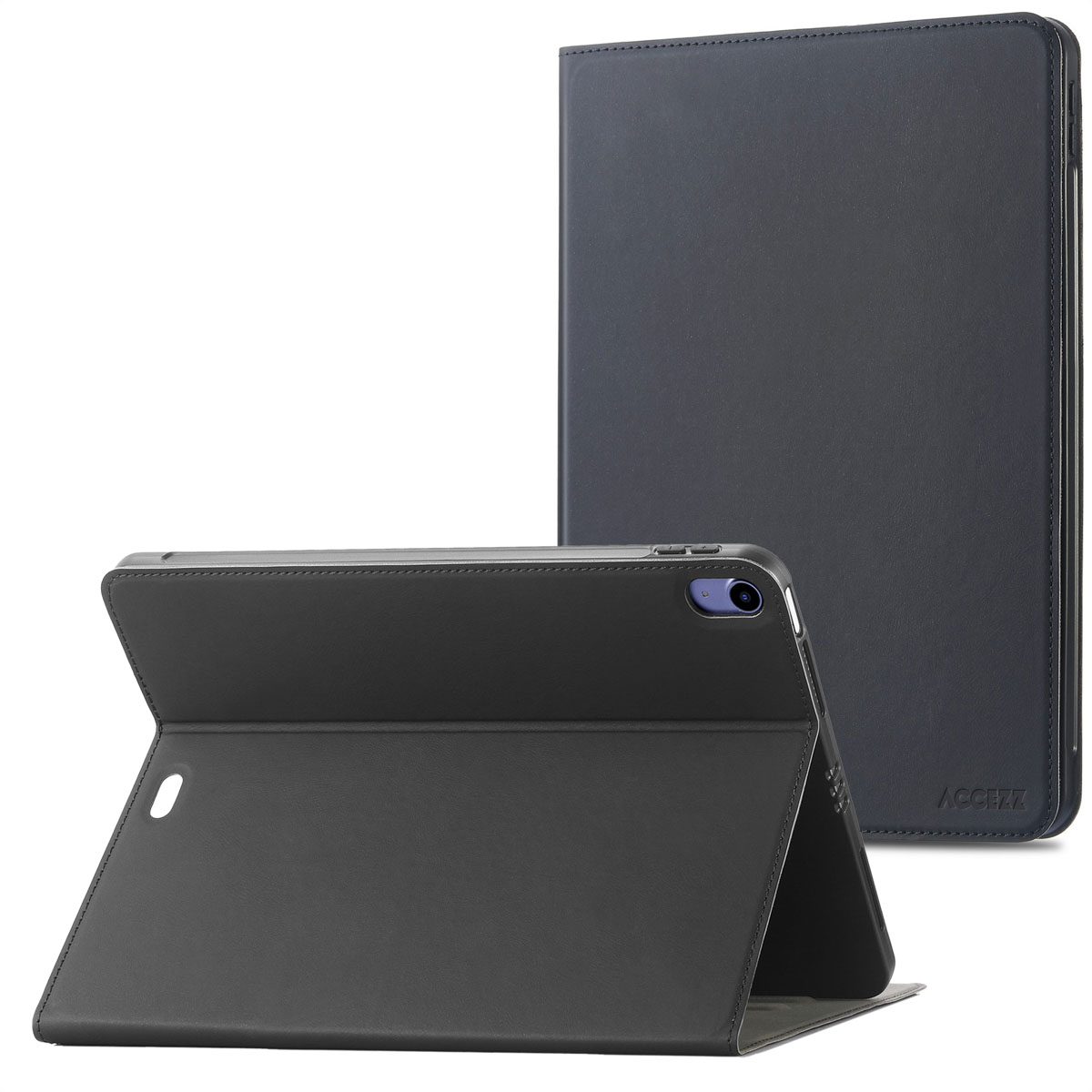 Donkergrijze tabletcover, gedeeltelijk open, toont de tablet en de case.
