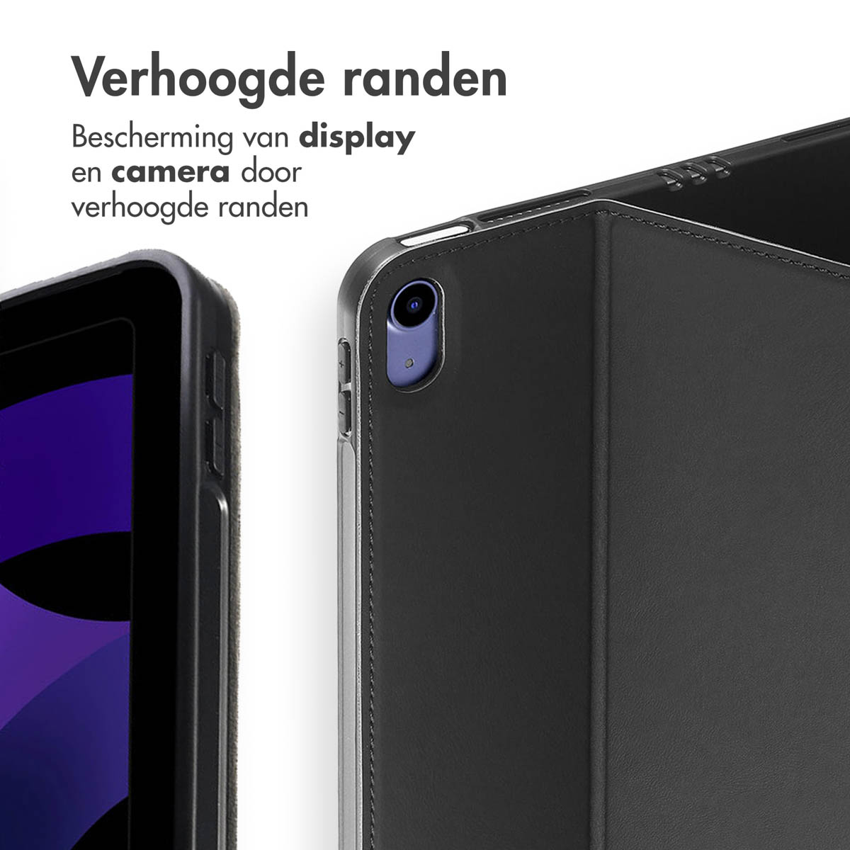 Close-up van tablet in zwarte hoes met verhoogde randen, beschermt het scherm.