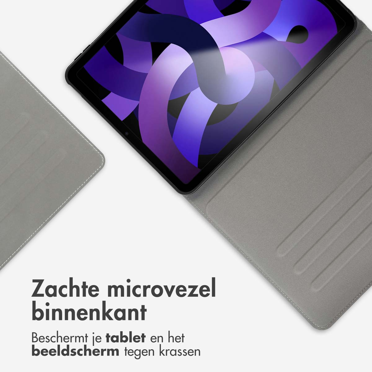 Grijs tablethoesinterieur met paarse tablet, toont zachte microvezelvoering.
