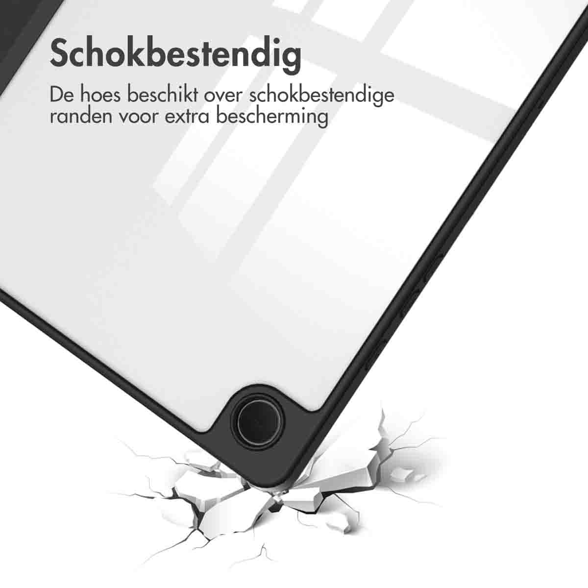 A phone case is placed on a white surface, with text above. The phone case is black. The surface is broken at the bottom.