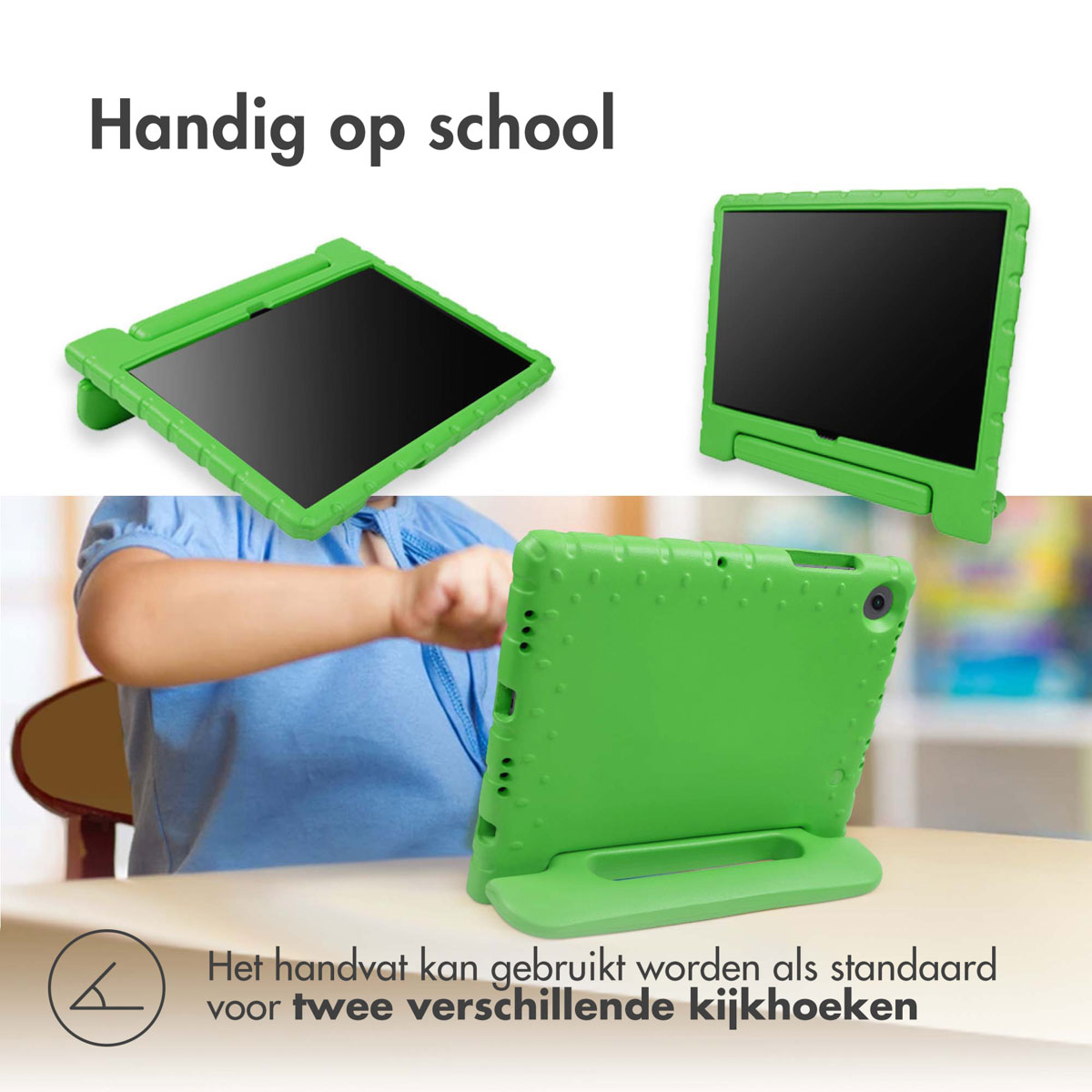 Groene tablethoes met een tablet erin, op een tafel.