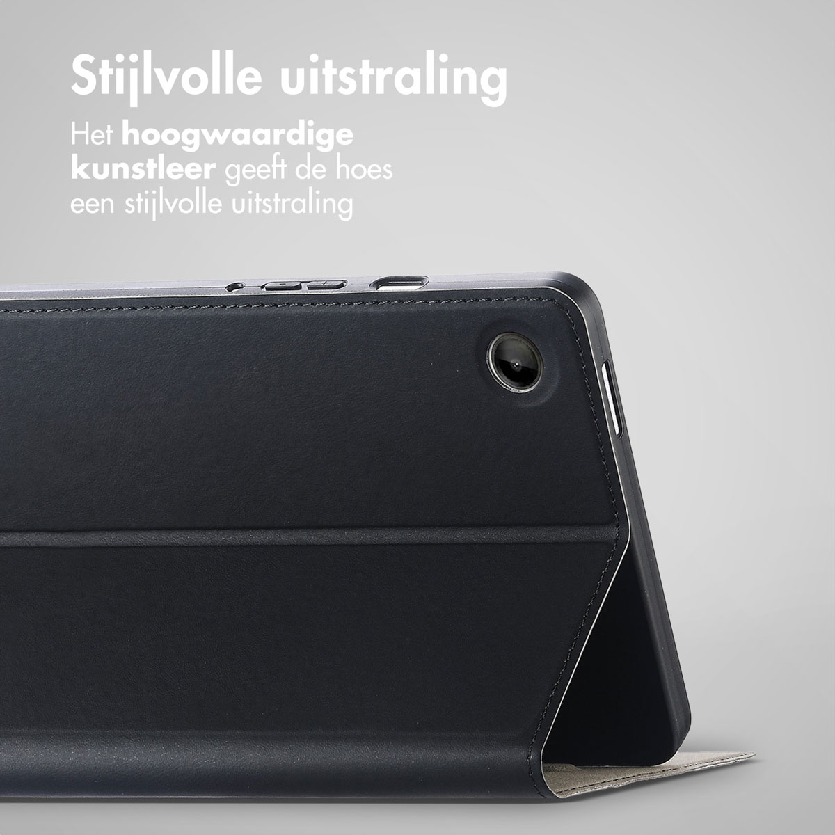 Blue tablet case, open, showing the tablet inside. Pen is in the case.