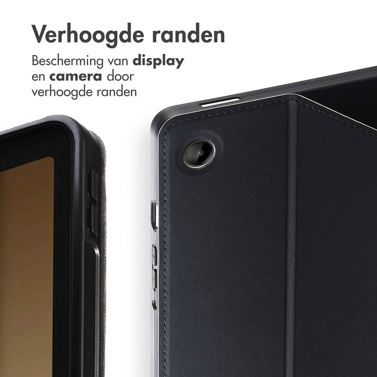 Close-up of a black tablet case with a camera lens.