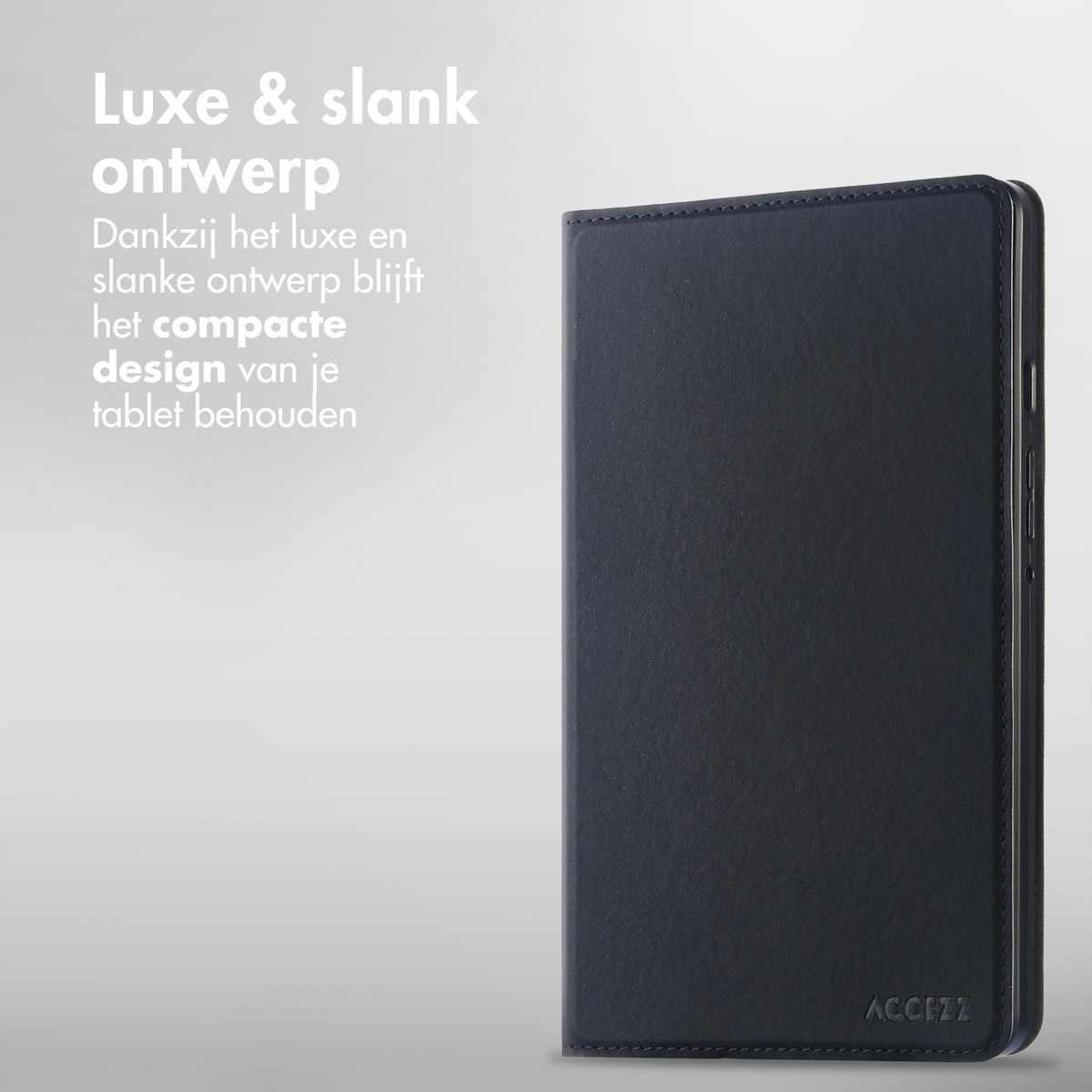 A black tablet case on a white background, with the tablet on the right.