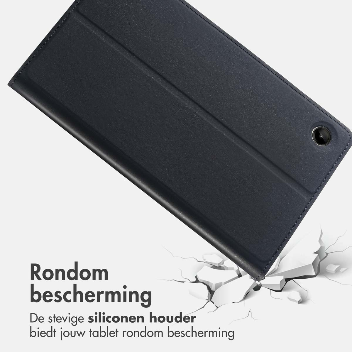 A black tablet case, with the tablet falling, cracking the ground.