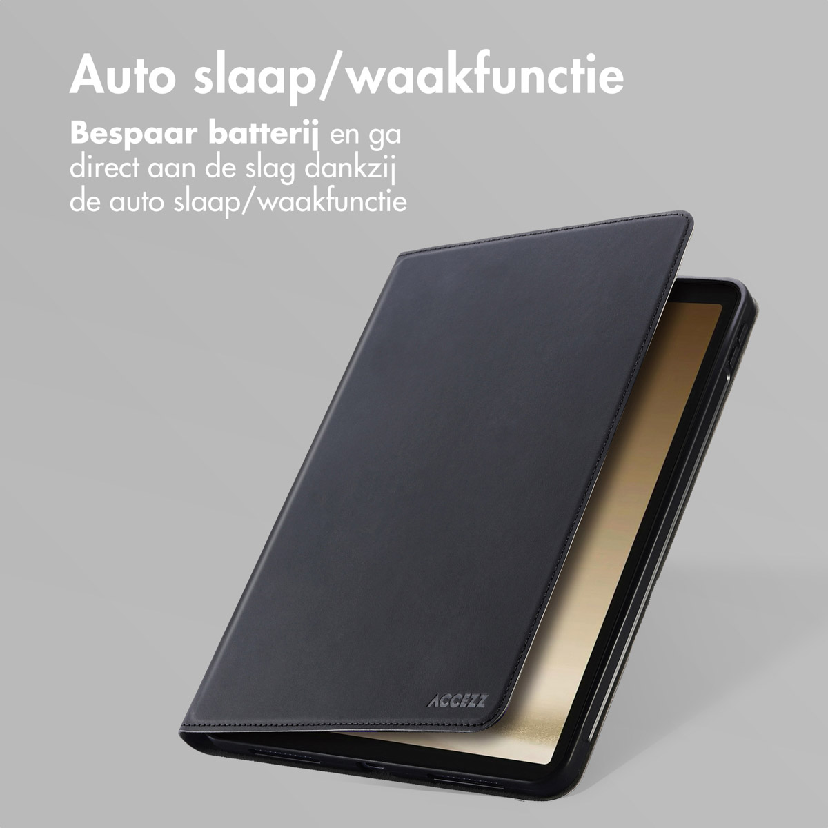 A black tablet case with an open cover, showing the tablet screen.
