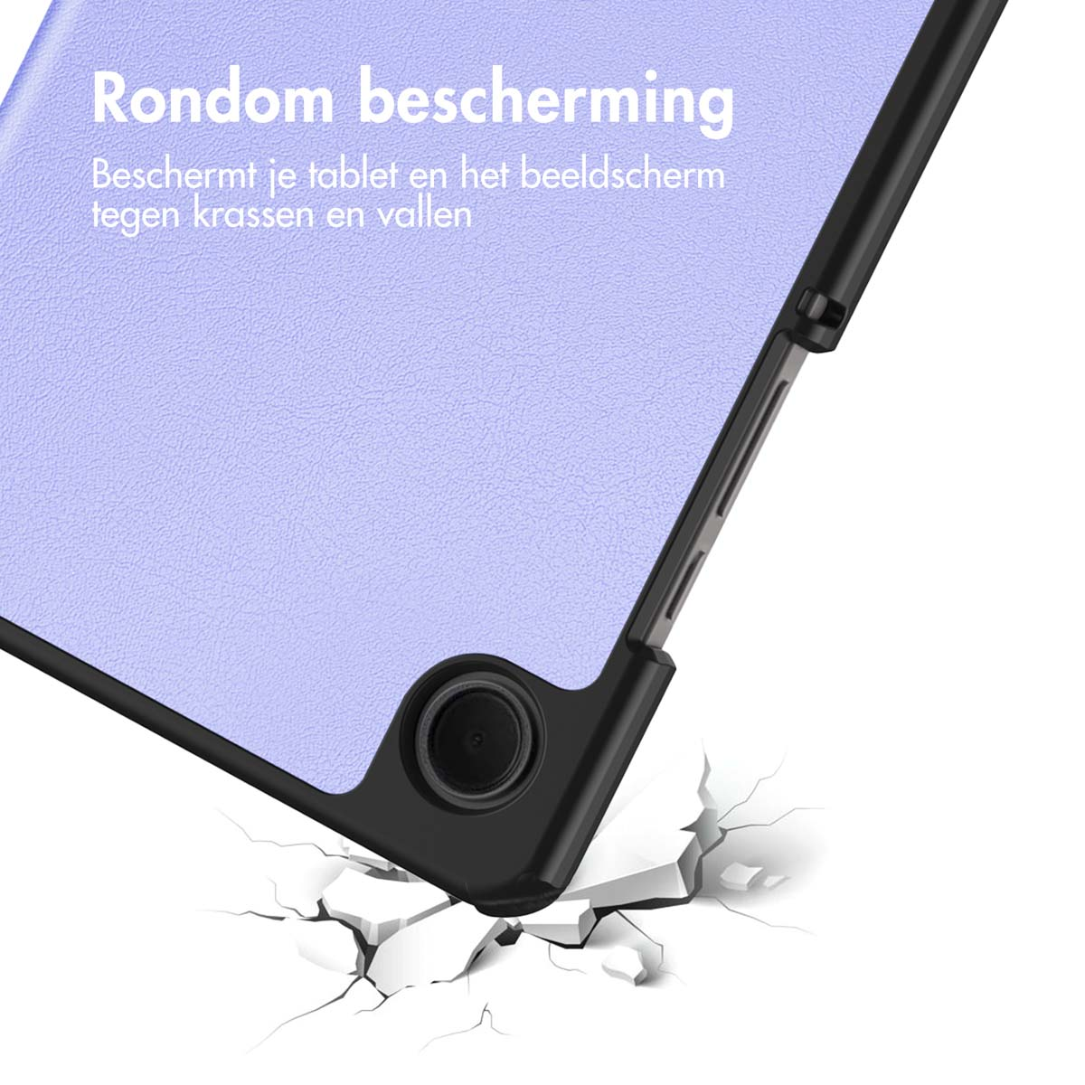 Ein violettes Tablet mit schwarzem Rand fällt auf weißen Boden.