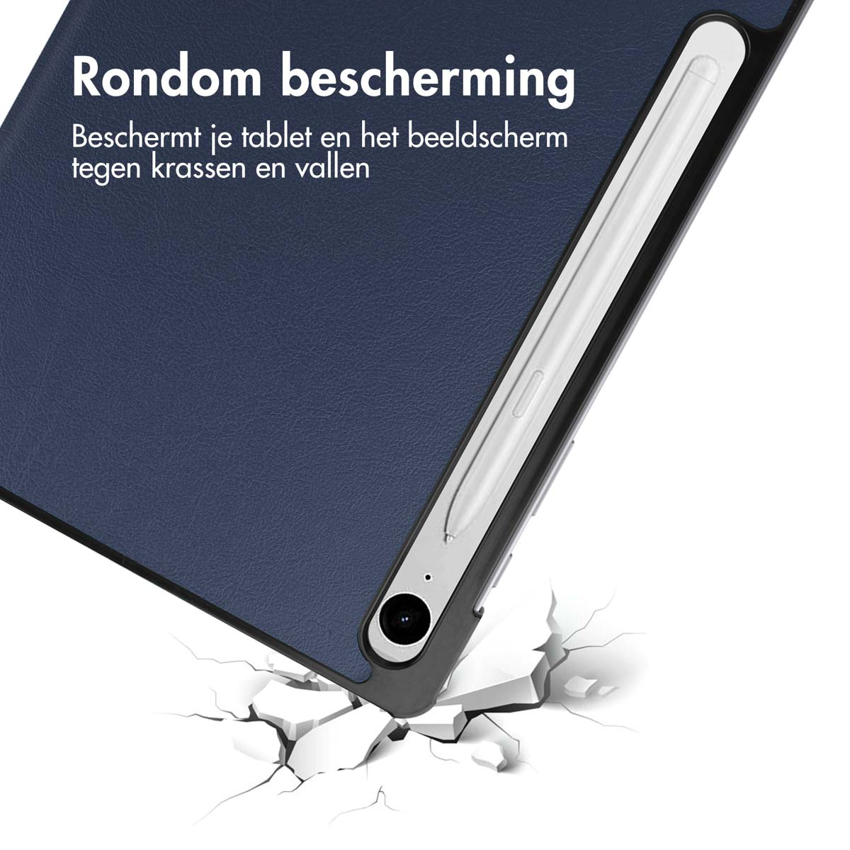 Een blauwe tablet met stylus op gebarsten grond. Rondom bescherming.