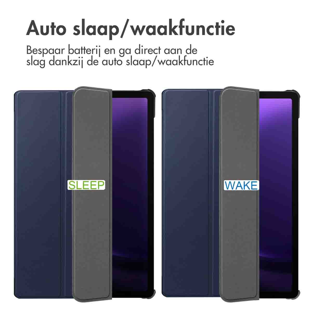 Tablethoes in slaap- en waakmodus. Blauw met grijze hoes.