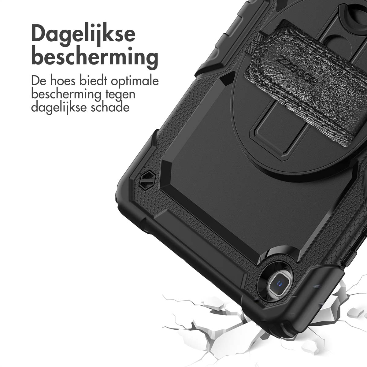 Étui de tablette noir, montrant l'arrière avec détails de caméra et sangle. Gros plan, sur une surface cassée.