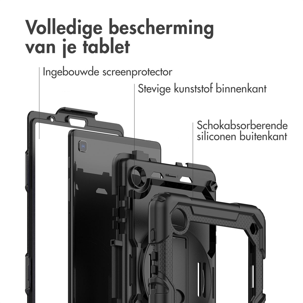 Étui de tablette noir, démonté, affichant protecteur d'écran, plastique et composants en silicone.