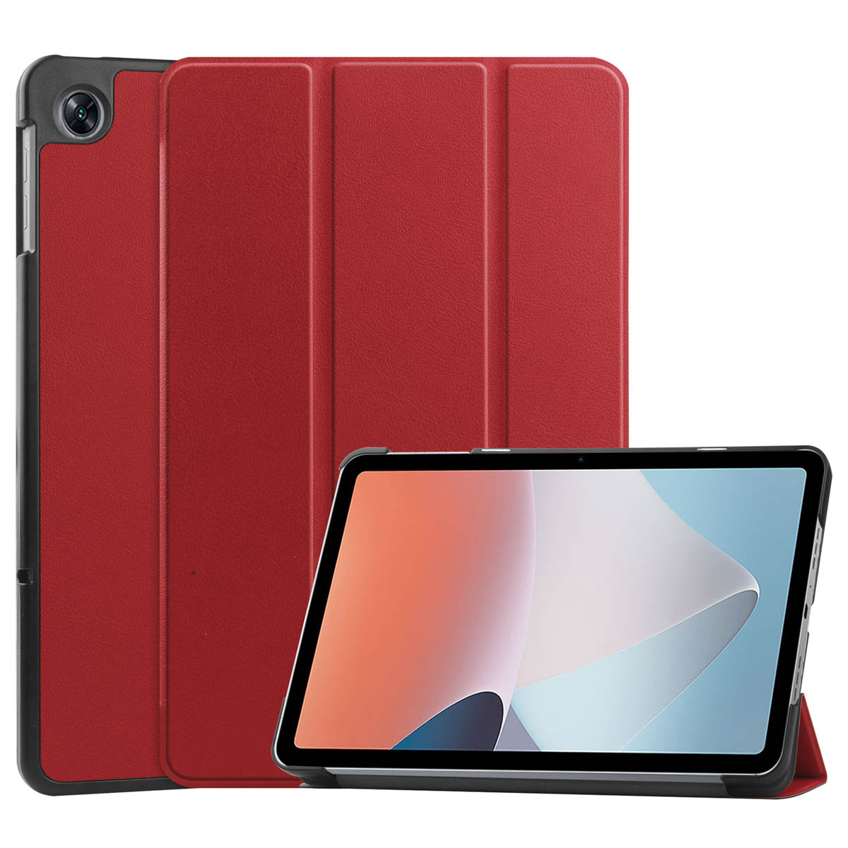 Tablet case on the right of the image, child walking with a red suitcase.