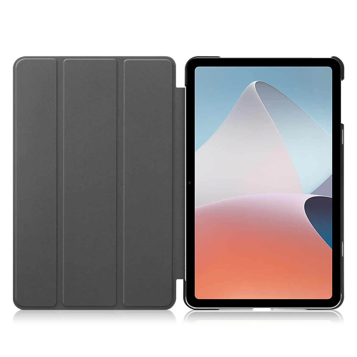 Tablet with a dark gray case, open, revealing the screen with a colorful abstract design.