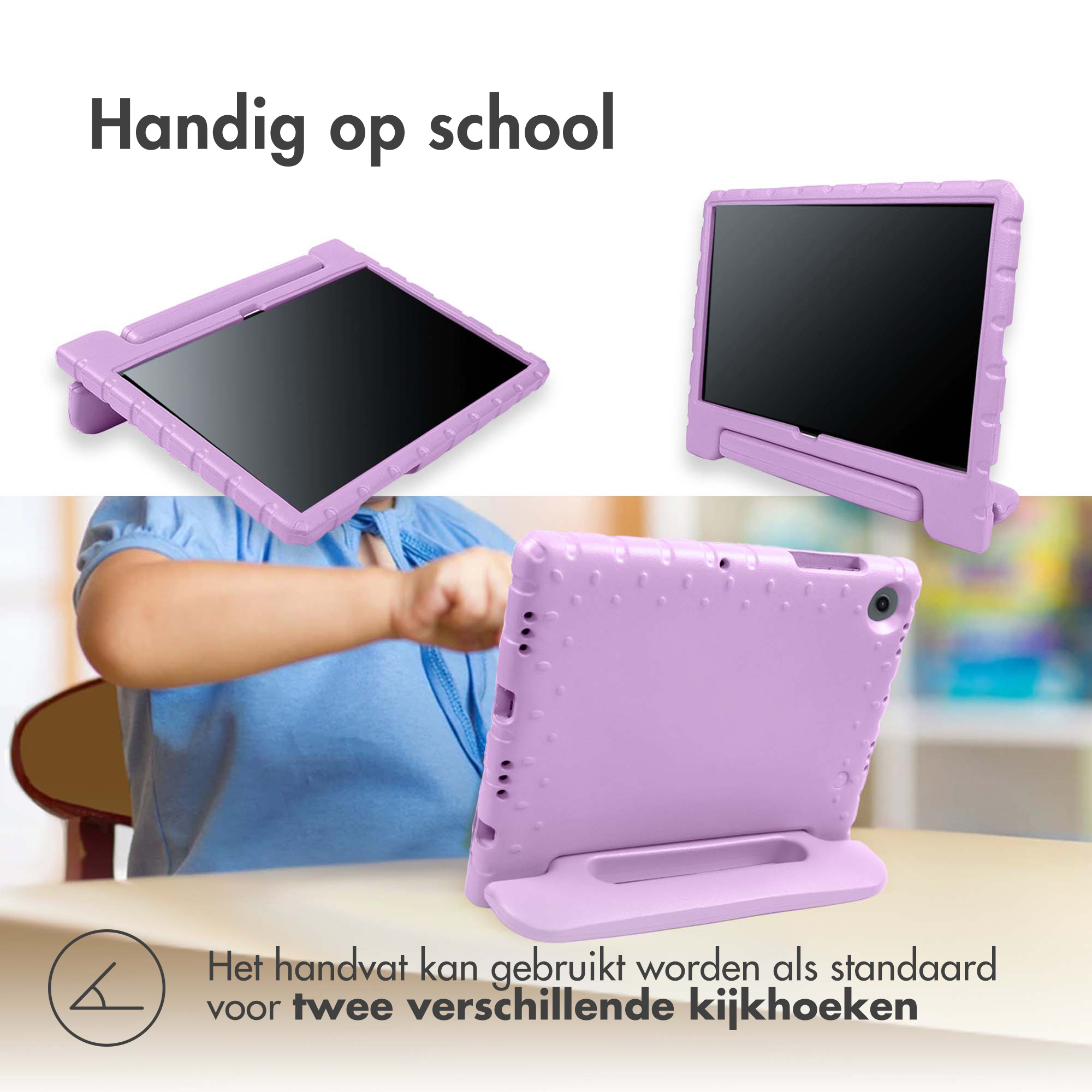 Paarse tablethoes met handvat, in meerdere posities. De hoes kan als standaard voor twee kijkhoeken worden gebruikt.