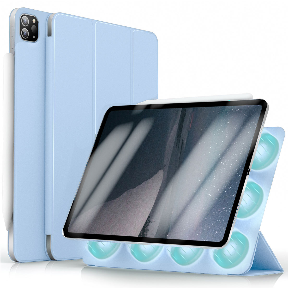 A light blue tablet case with an attached stand, a stylus, and a tablet inside.