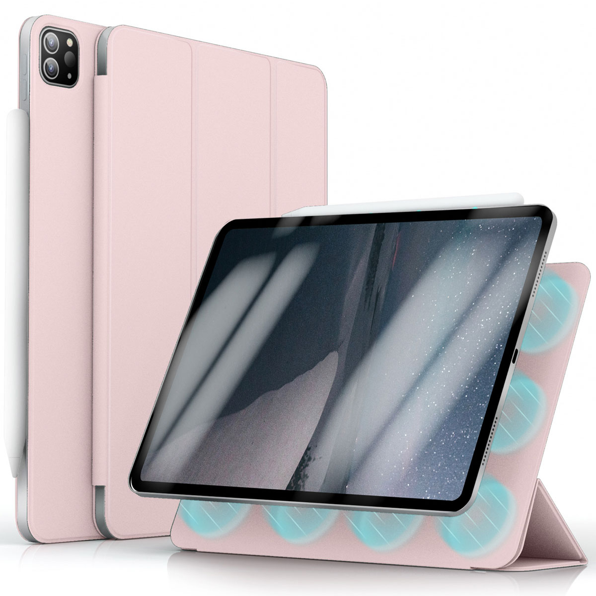 Two pink tablets, one flat, one upright with a pencil.