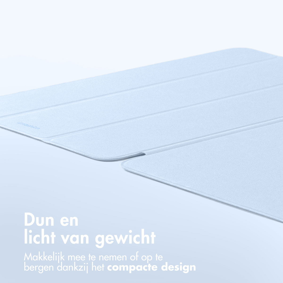 Light blue tablet cover. Text on the left. White background.