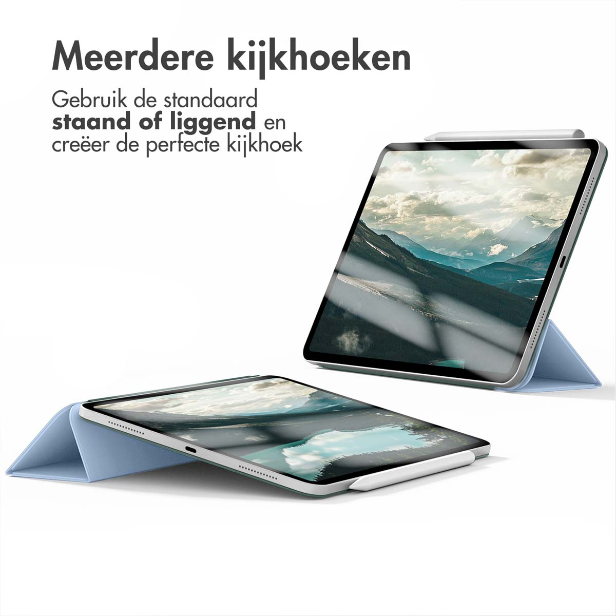 Tablets in cases, with stylus. One is flat, the other is propped up. Both show a landscape view of mountains.