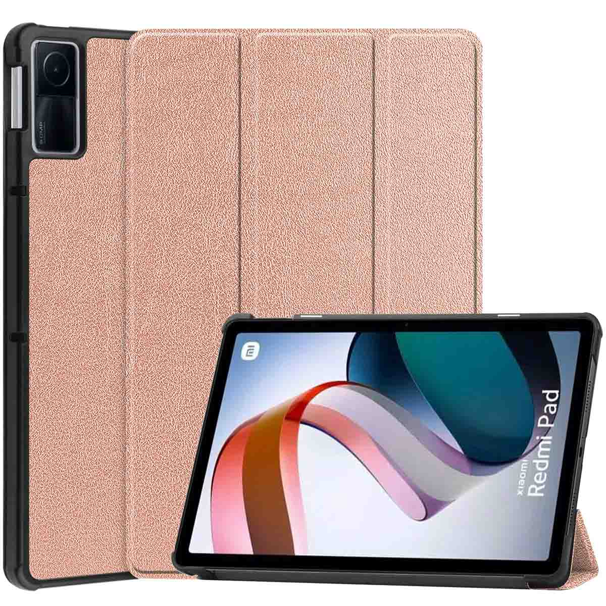 Tablet with a pink case and a black frame. The case is open and the tablet screen is visible.