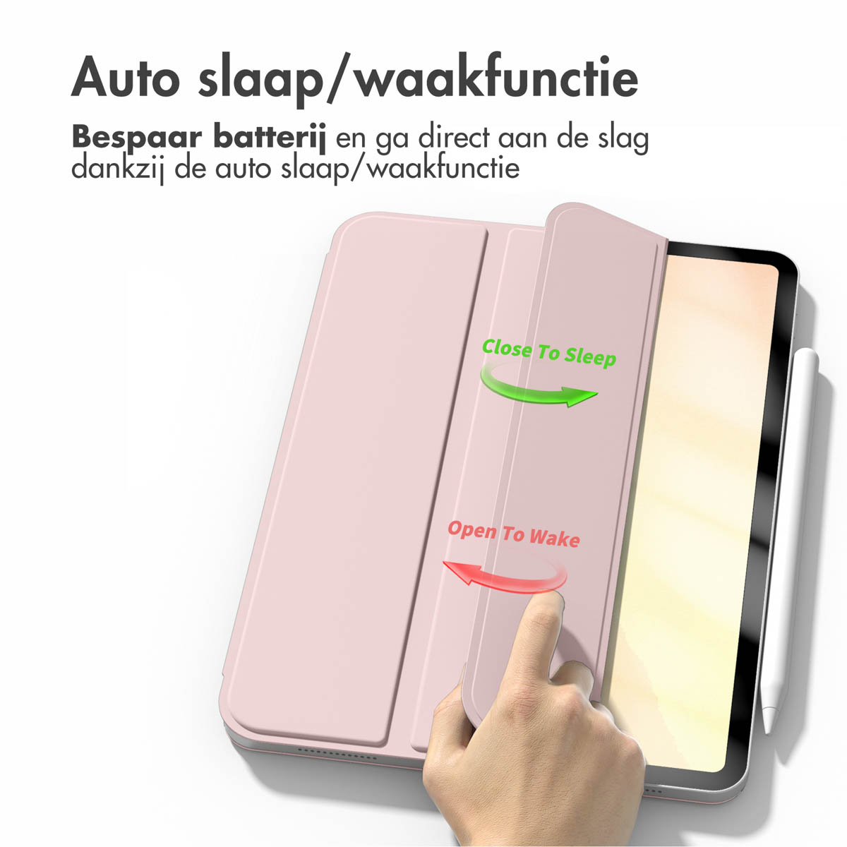Tablet with pink case, open. Shows 'Close To Sleep' and 'Open To Wake' on the screen. White background.