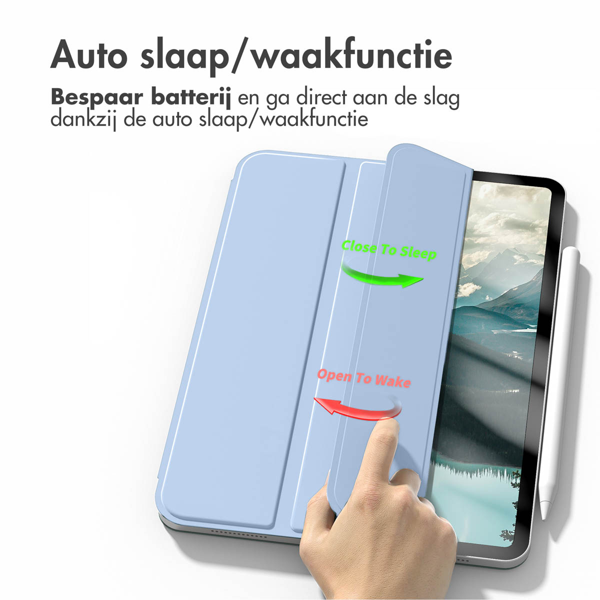 A blue tablet case is shown open. It has "Close To Sleep" and "Open To Wake" labels with arrows.
