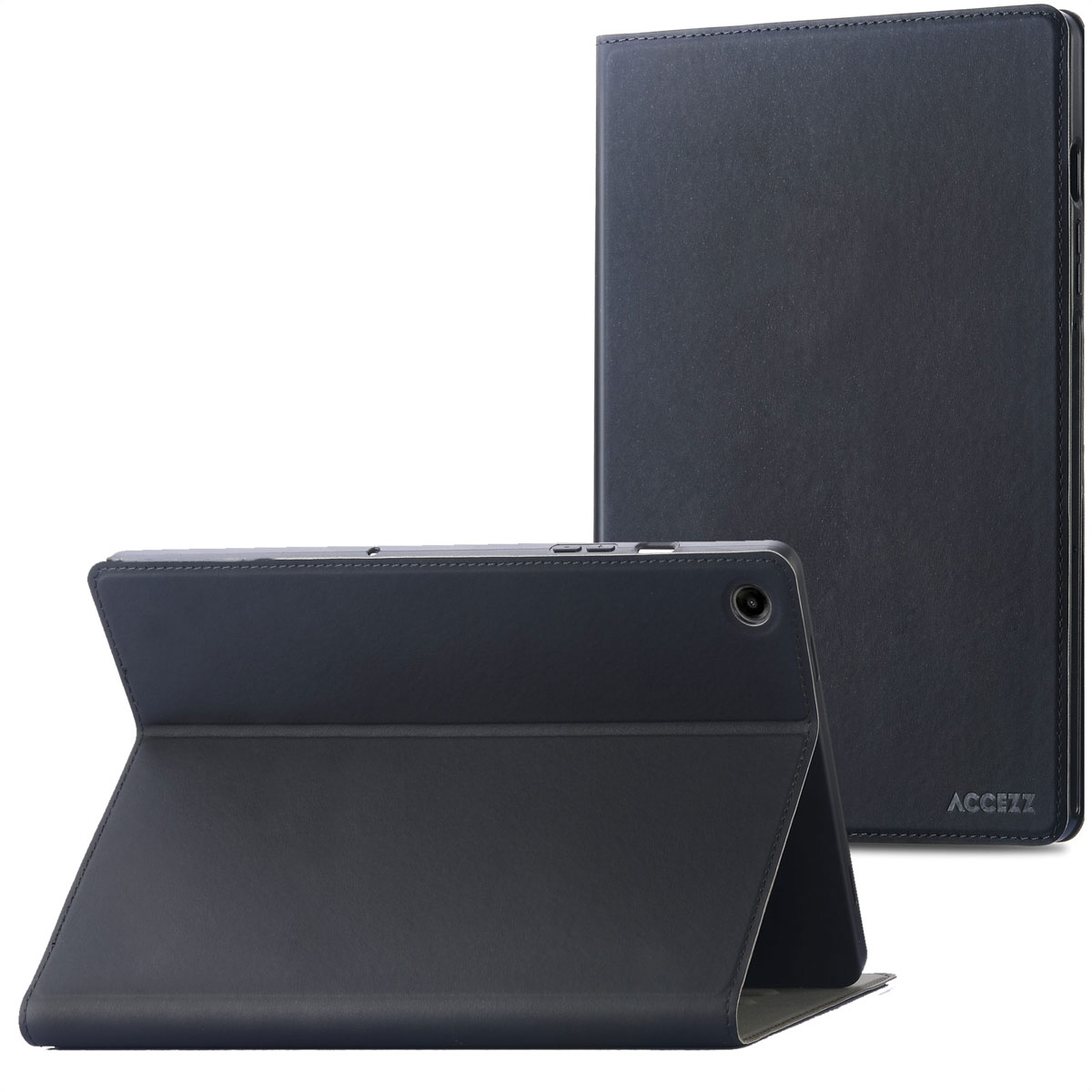 Dark blue tablet case, open and closed, on white background.