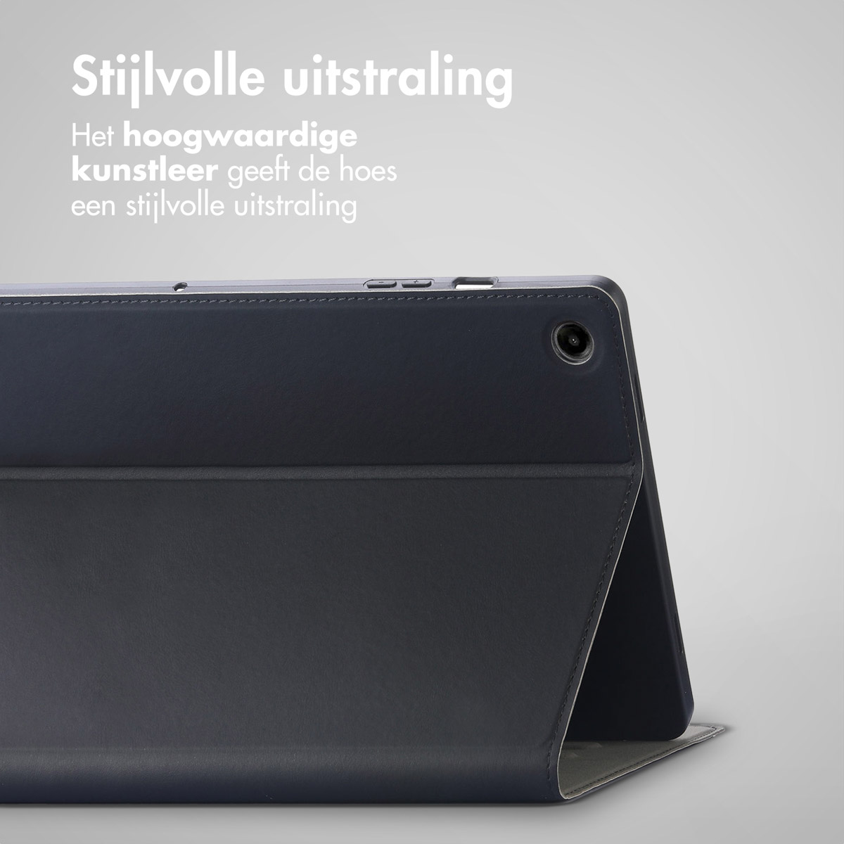 Dark grey tablet case, showing the back. The case has a leather-like texture.
