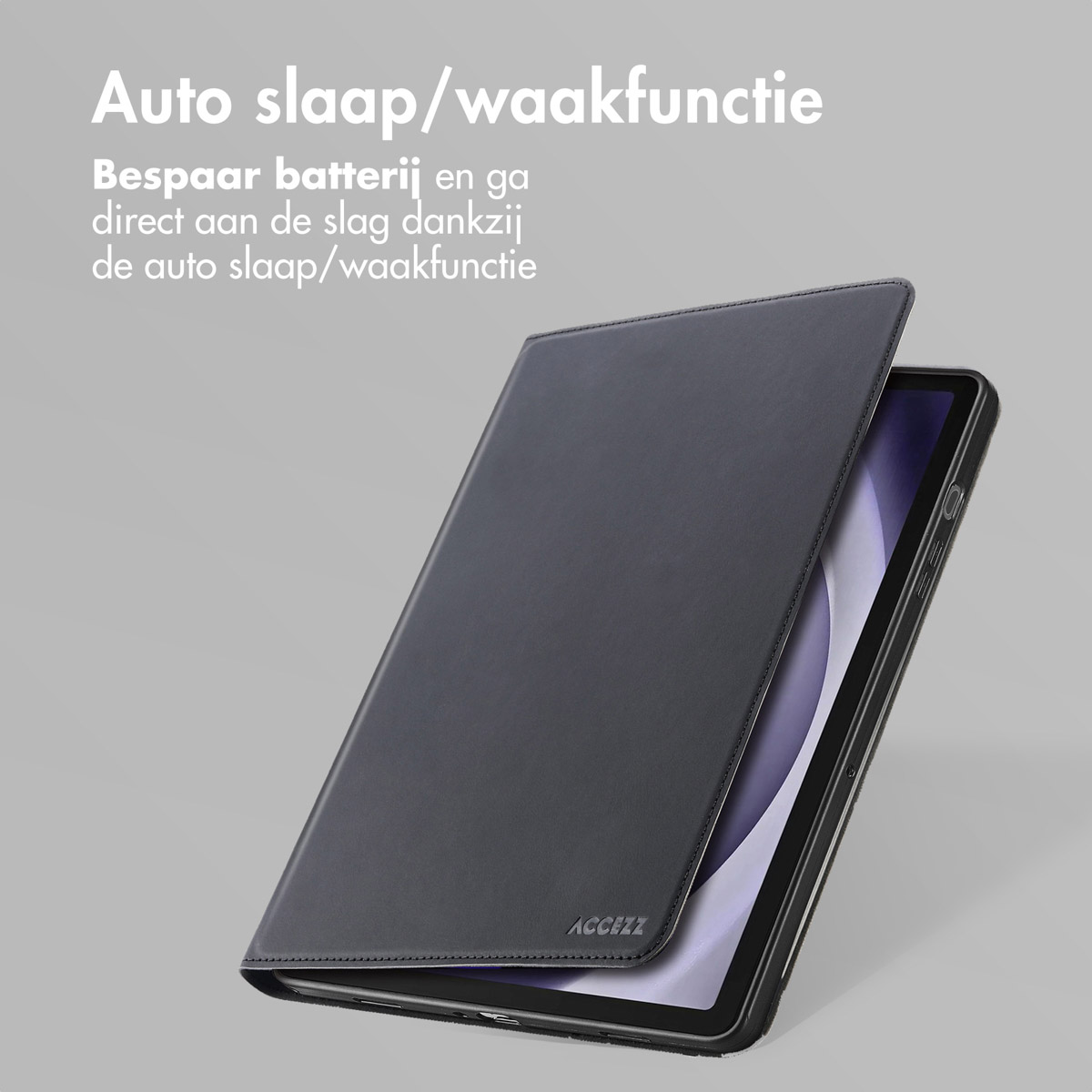 A black tablet case with an open cover, showing the tablet screen.