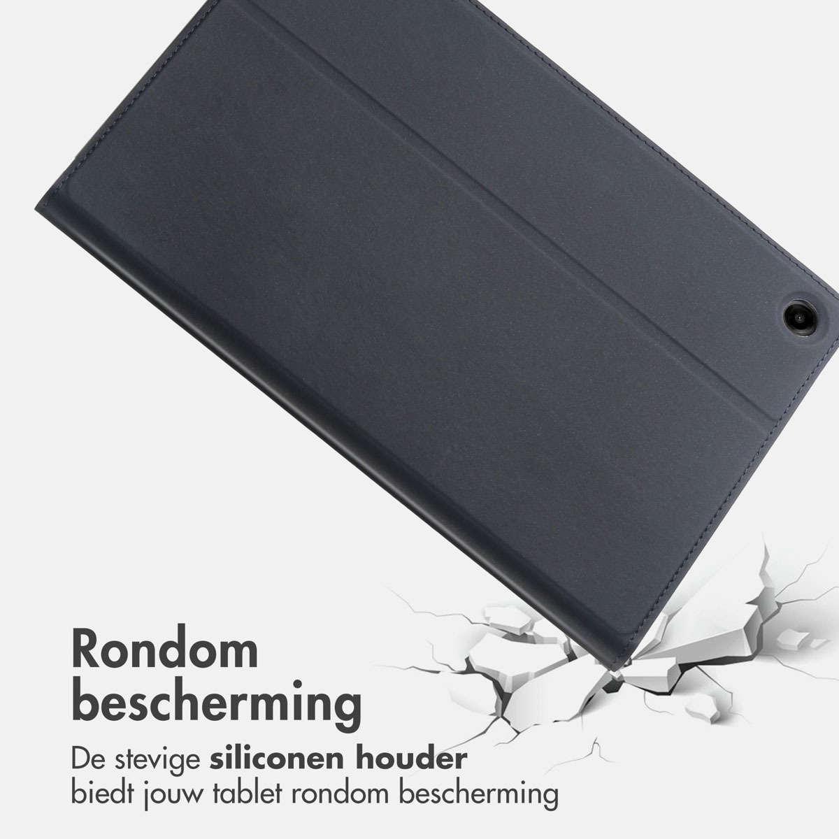A dark gray tablet cover partially covering a tablet, with a cracked surface.