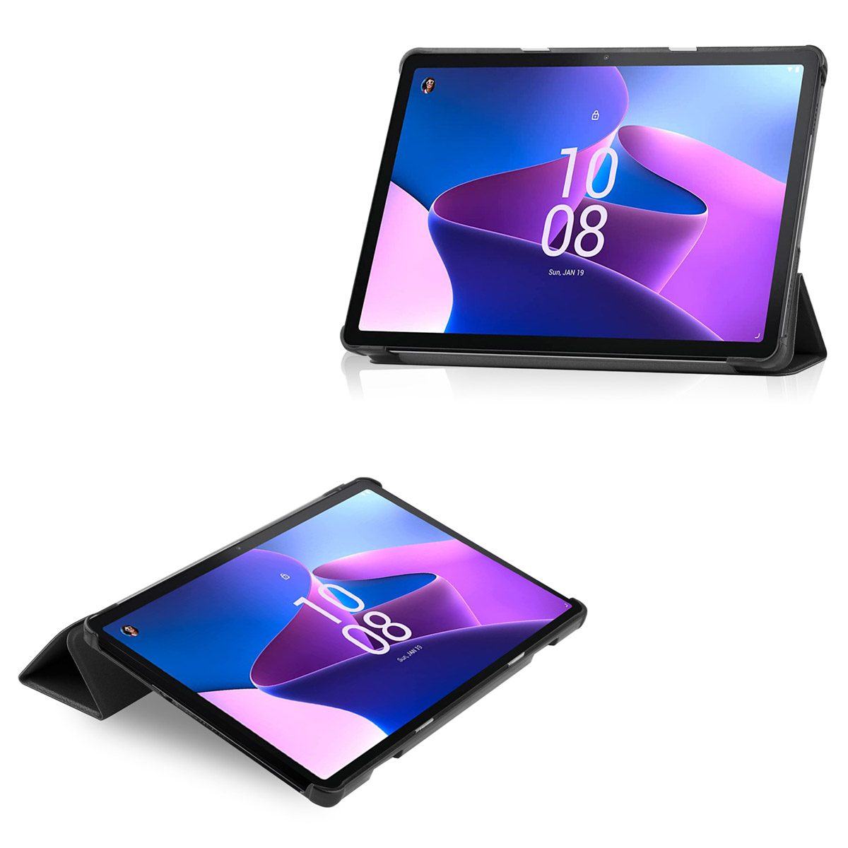 Two tablets with black cases, showing the screen with a digital clock and date.