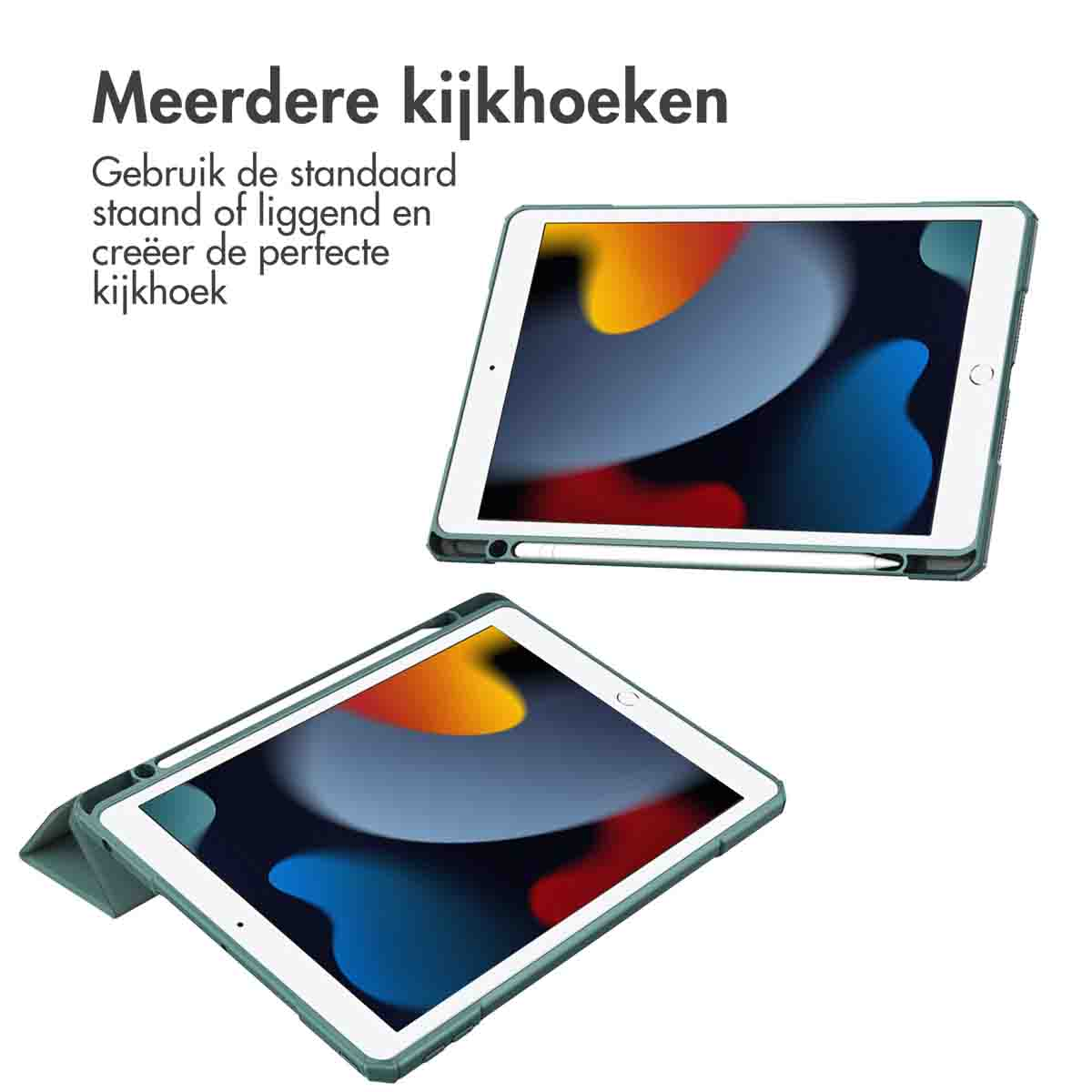 Green tablet covers, two views. One angled, one lying flat.