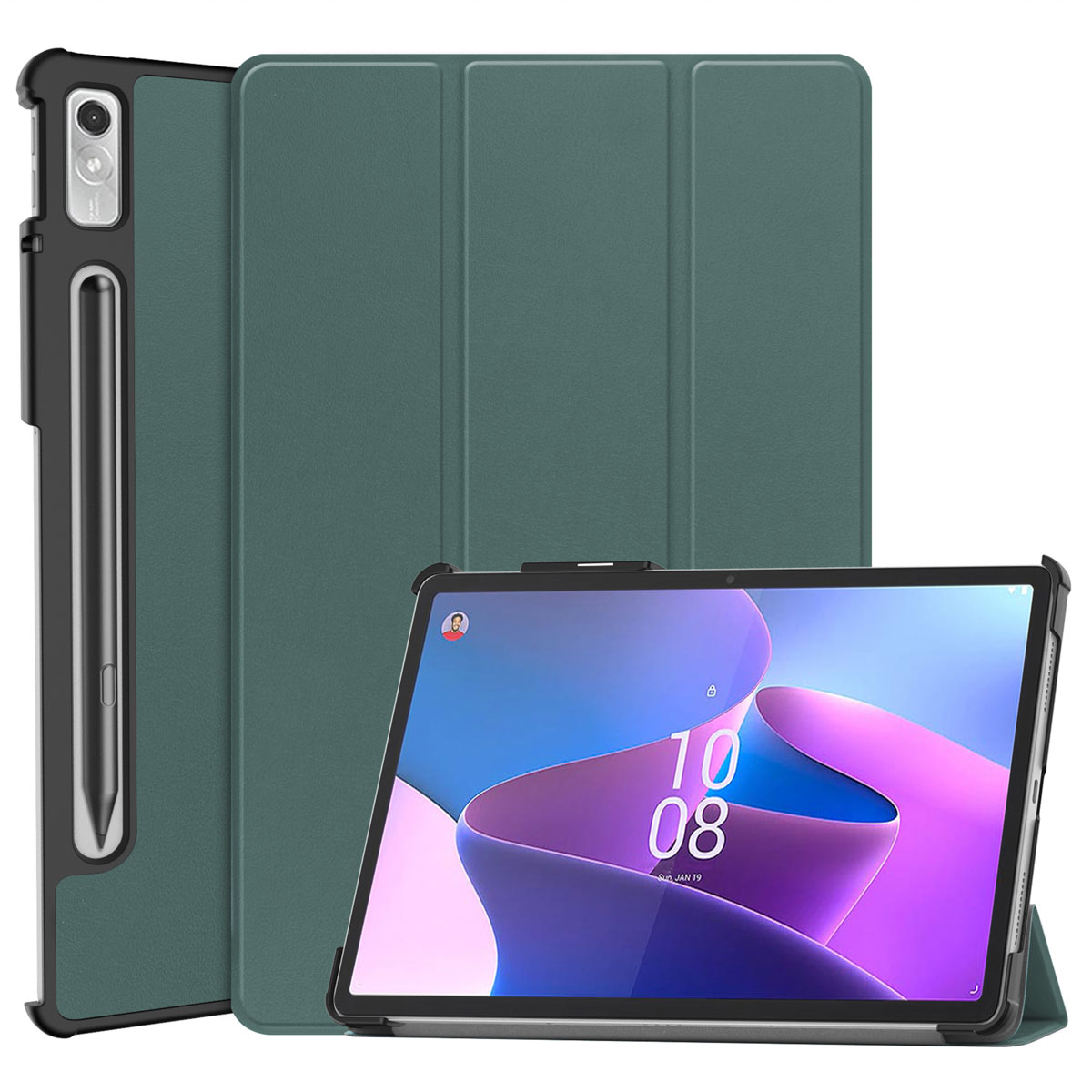 Tablet met een groene hoes, toont een tablet-display.