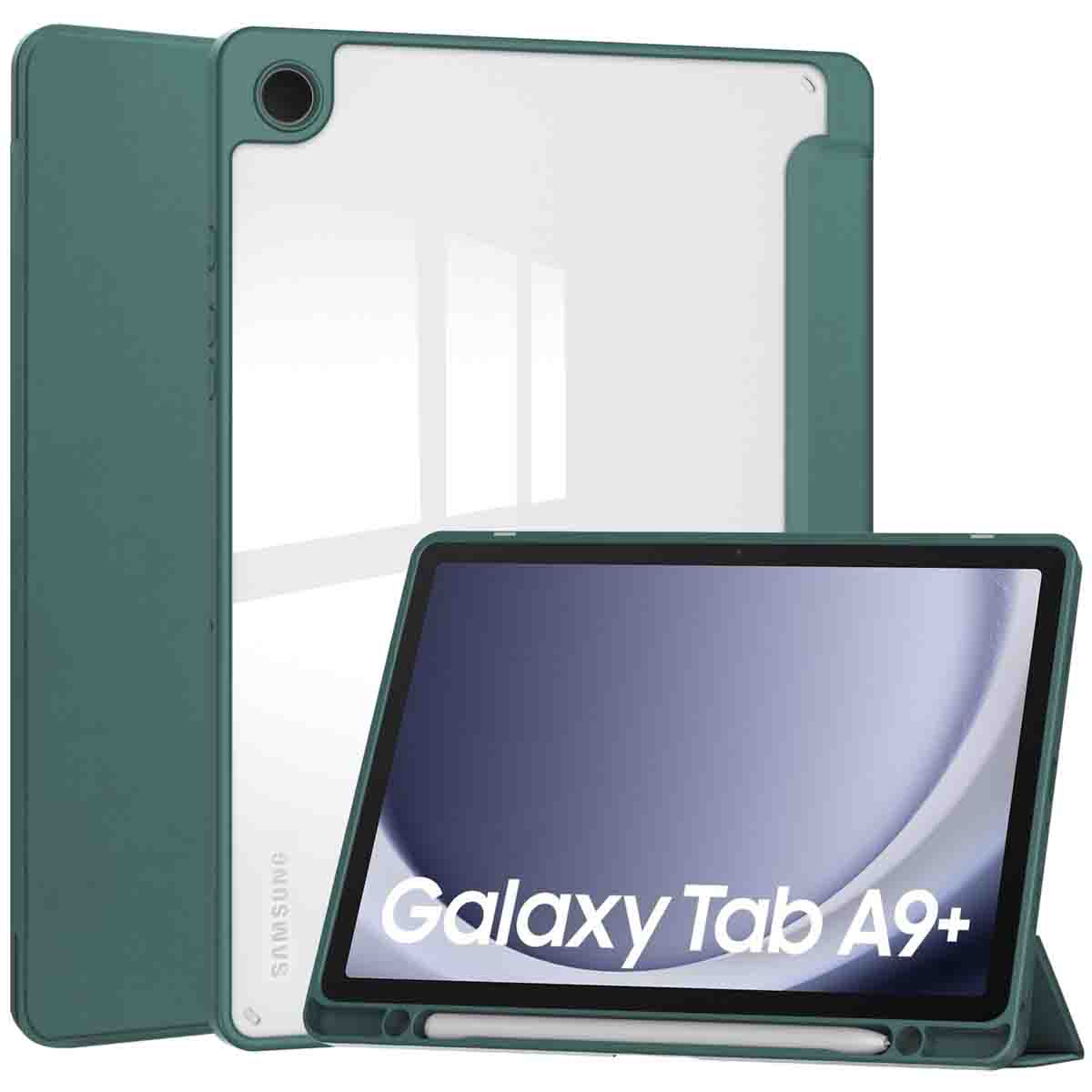 A tablet in a green case, and a clear back cover. The tablet has a stylus.