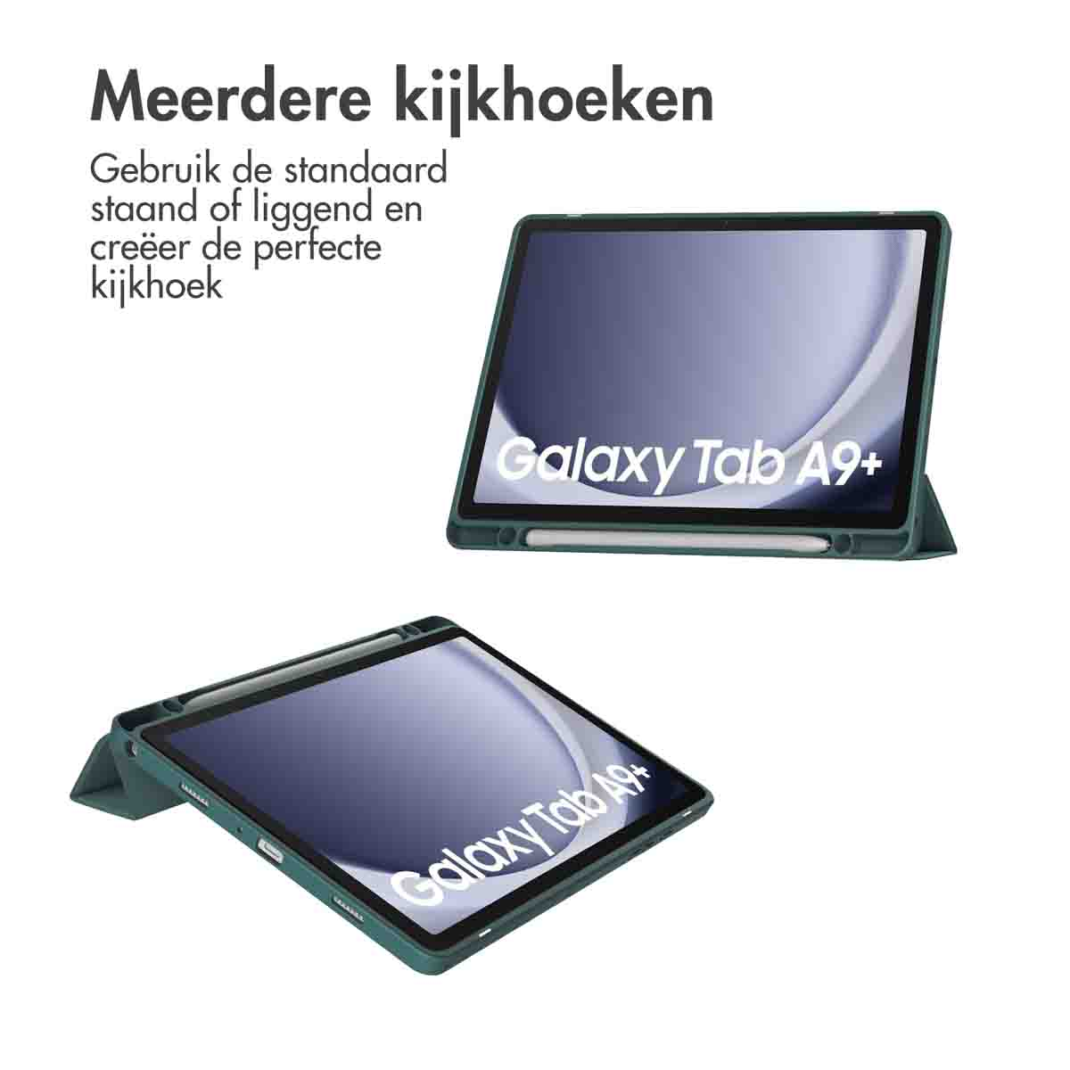 Green tablet case with Galaxy Tab A9+ text. Two views, angled and flat.
