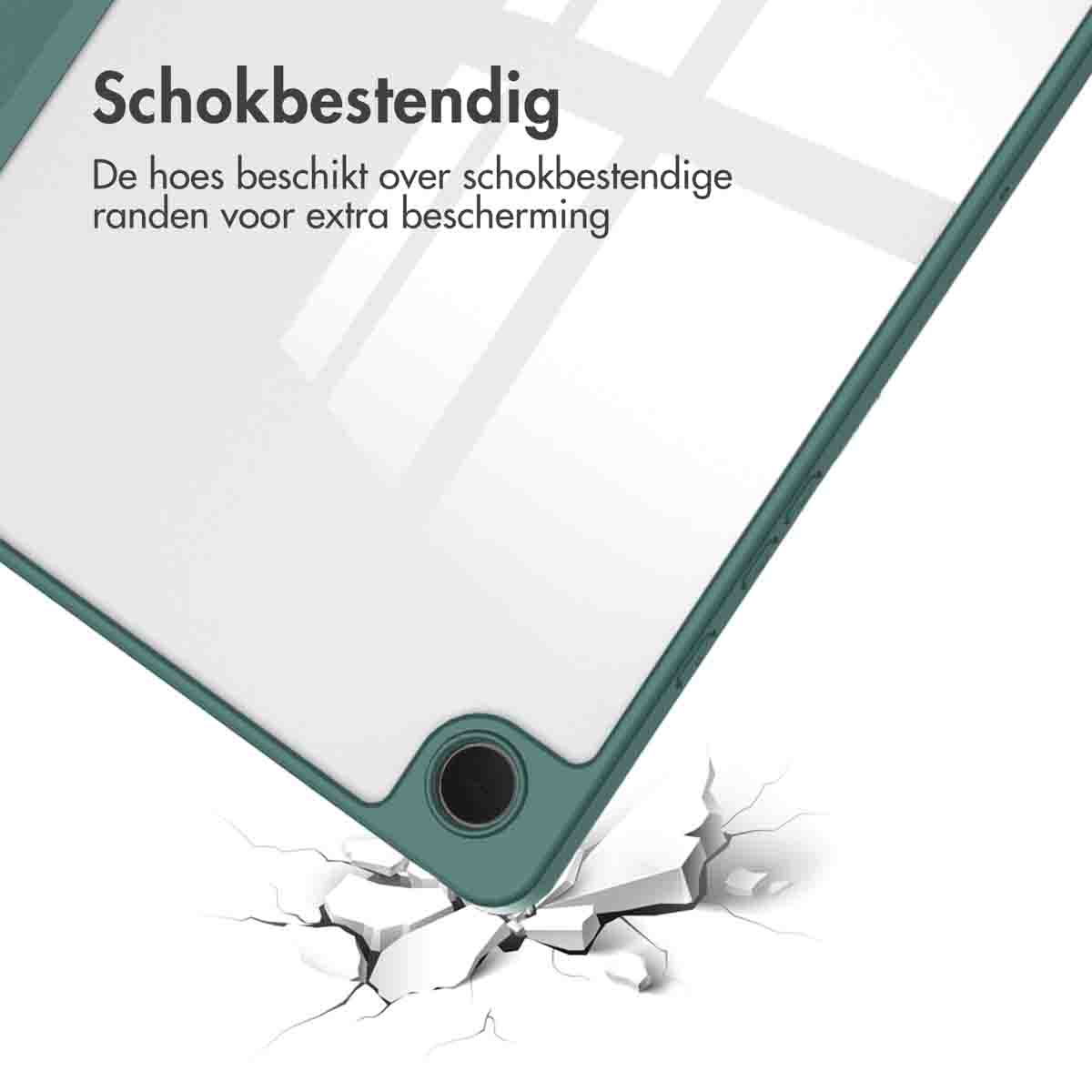 Tablet case. Green case corner with broken surface. It has shock-resistant edges for protection.