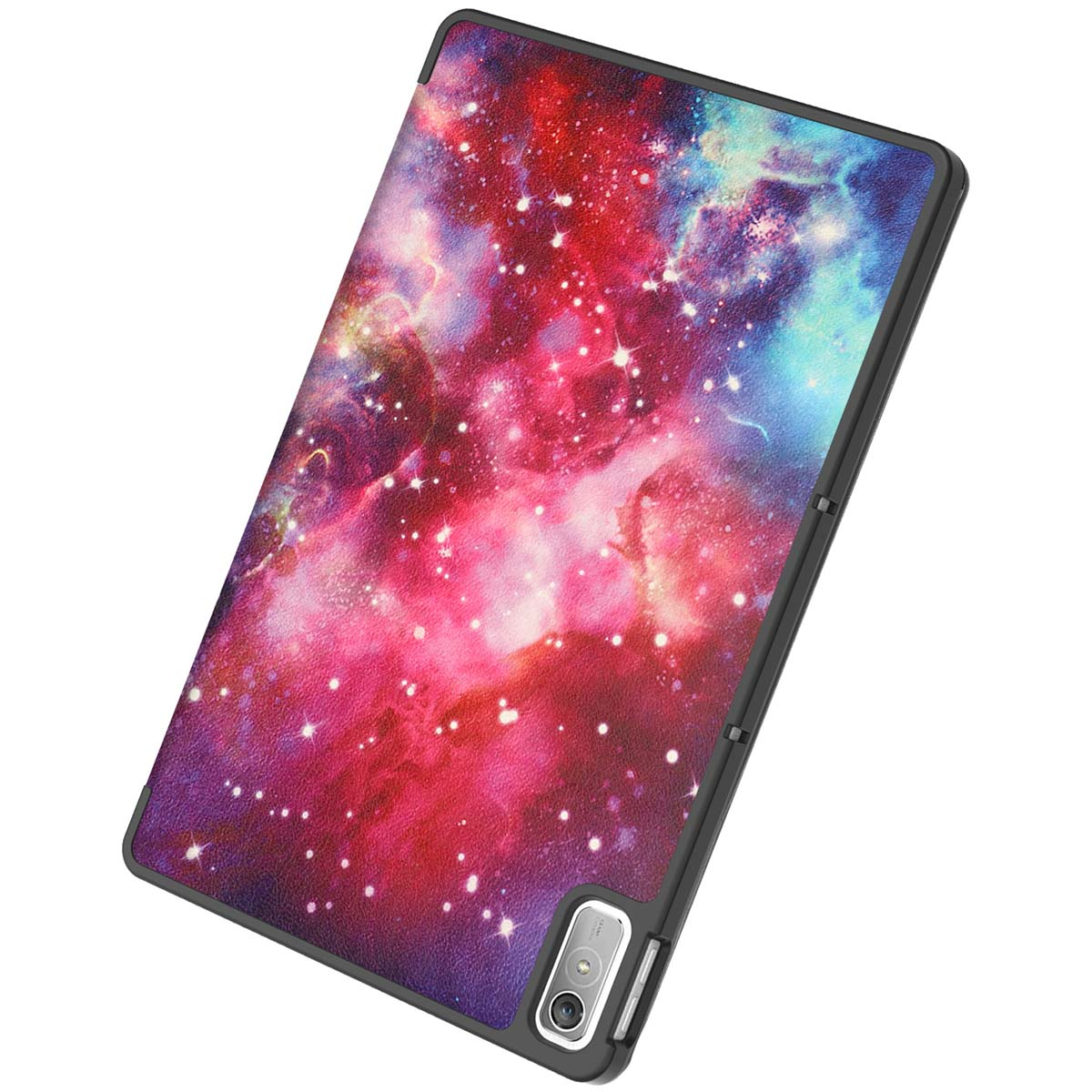 Tablet case with a galaxy design. The tablet is inside the case.