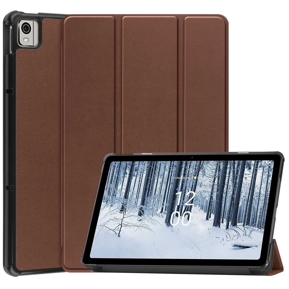 Brown tablet case, closed, and a tablet in the open position, showing a winter scene. Background is white.
