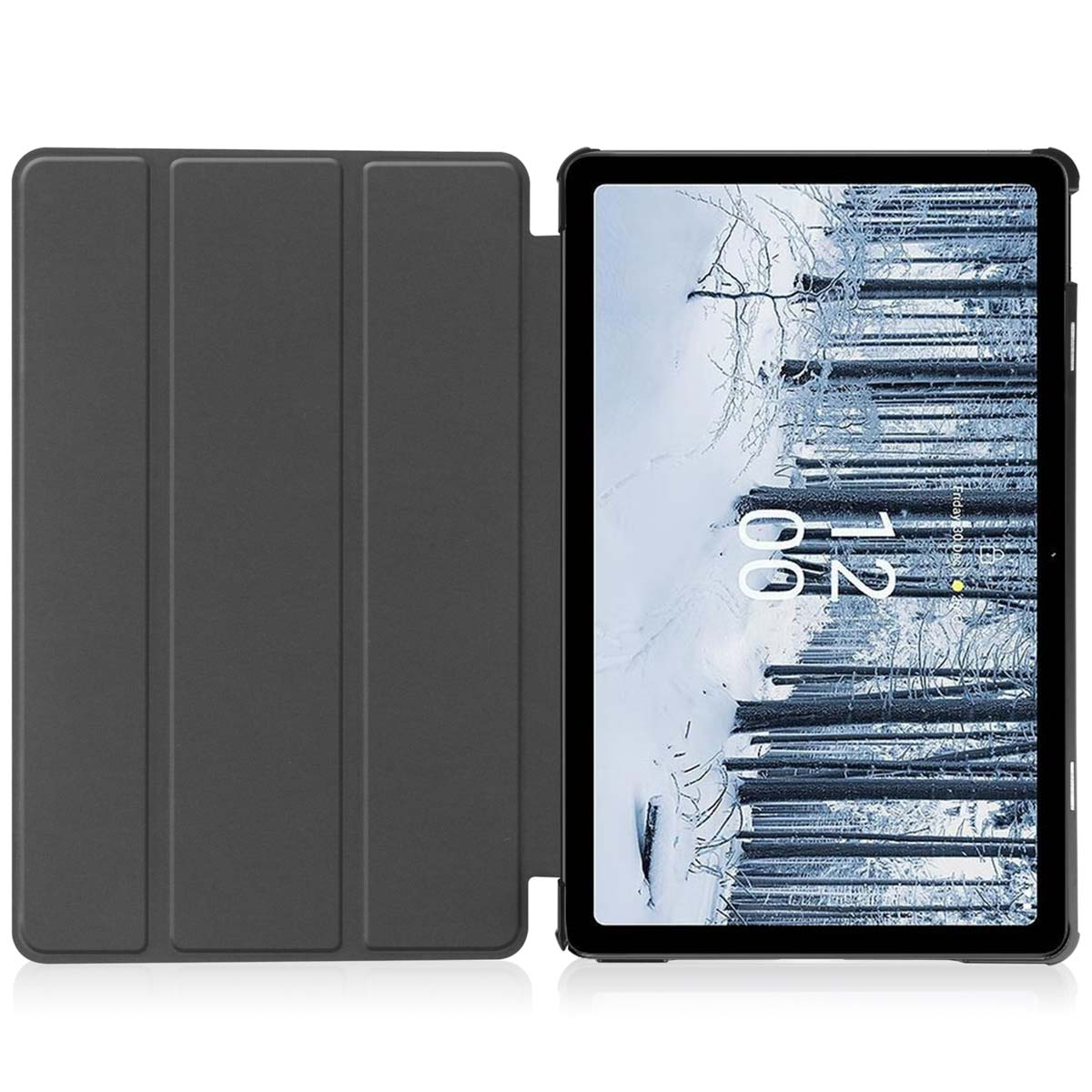 Tablet in a closed, dark gray case. The tablet's screen shows a winter scene, with trees and snow.