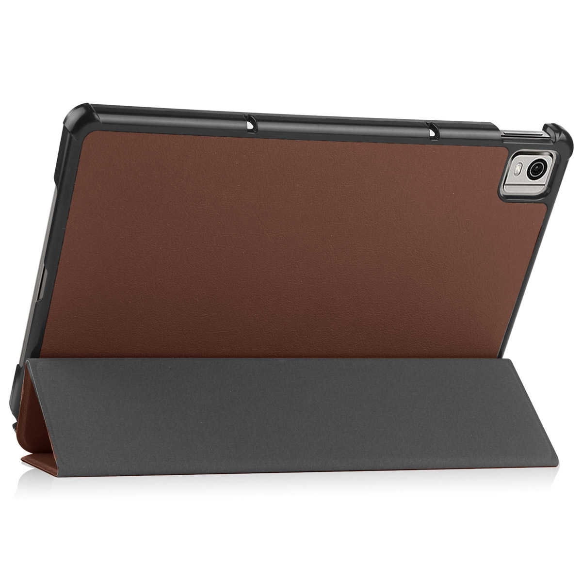 Tablet with a brown back cover and a black frame, standing on a folding stand.